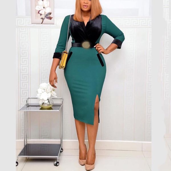 

casual dresses elegant office for ladies high waisted bodycon side split patchwork mid calf fashion business work dress midi, Black;gray