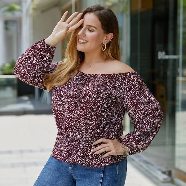 

one word collar long sleeve blouse women shirts 2021 autumn polka dot floral casual loose pullover plus size women's blouses &, White