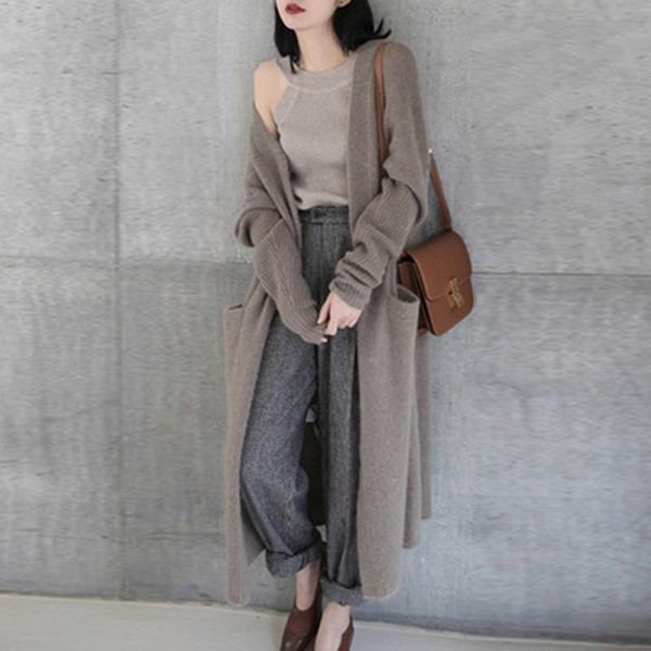 

women's trench coats sparsil women winter wool long coat knitted with pockets soft warm cardigans solid color female rib cuff knitwear, Tan;black