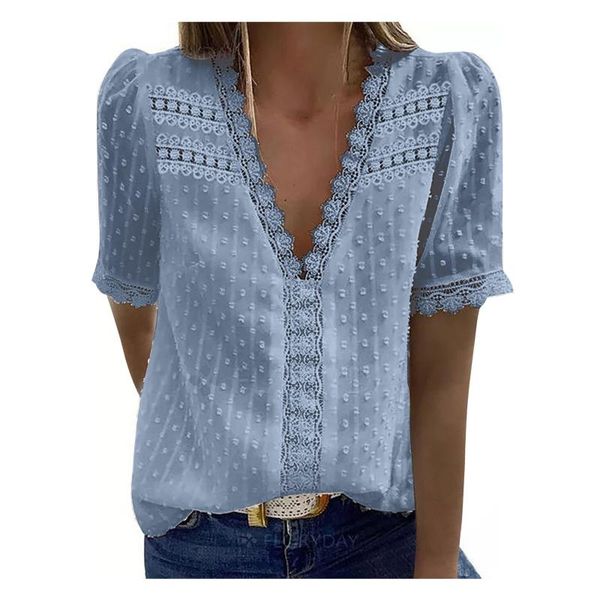 

women's blouses & shirts women solid lace short sleeve blouse ladies hollow out casual deep v-neck loose blusa feminina #g1, White