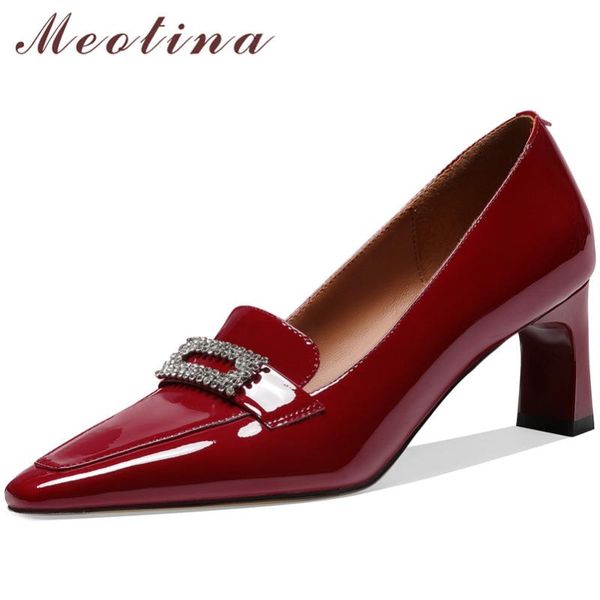 

meotina genuine leather high heels square toe women shoes crystal block heel pumps office ladies footwear spring black size 42 dress