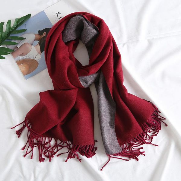 

2021 korean version new 30% wool solid color scarf double-sided two-color tassel versatile thickened shawl in autumn and winter 20 colors ye, Blue;gray