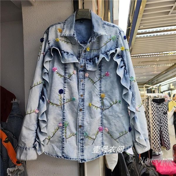

denim jacket woman spring beaded sequined ruffled korean style loose jean shirt girls ladies fashion coat nancylim women's jackets, Black;brown
