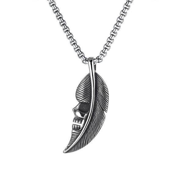 

chains stainless steel leaf fashion chain feather skull necklace pendant for men jewelry punk charm choker gothic gifts, Silver