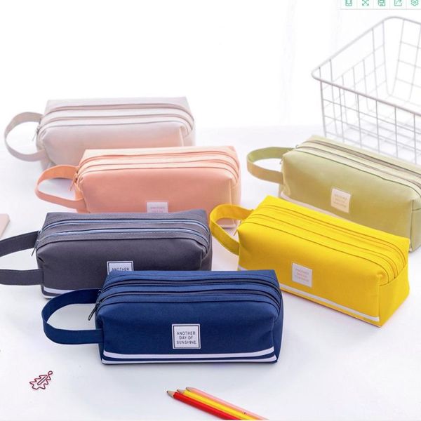 

pencil bags large capacity double zipper pouch bag portable pencilcase canvas pen cases box for girls school stationery supplies 1pc