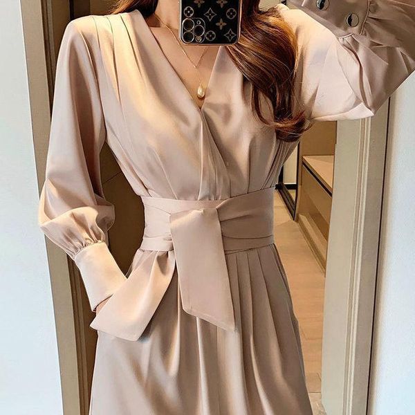 

women 2021 autumn fashion solid color long-sleeved dresses female lace-up v-neck vestidos ladies mid-long slim dress v453 casual, Black;gray