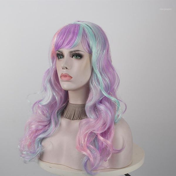 

anxin 2021 women purple bangs big wave long curly hair high temperature silk synthetic wig cosplay party matching wig1, Black