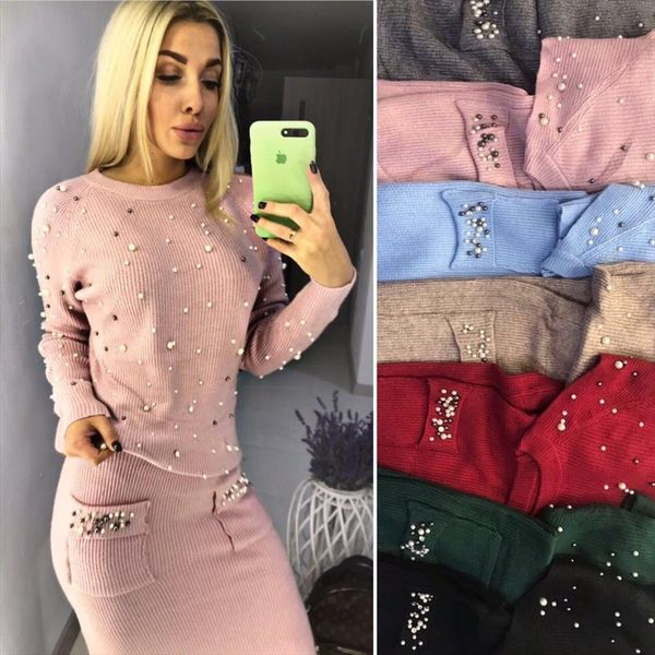 

autumn winter keep warm womens dresses two piece sets long sleeve pearls sweater pockets skirts set women knitted beading spliced, White