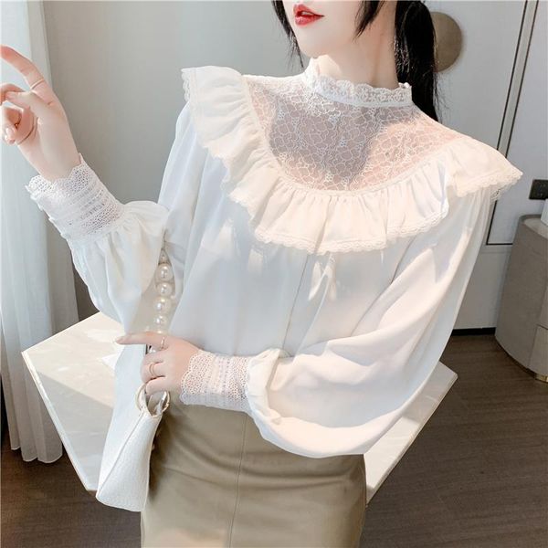 

women's blouses & shirts 2021 autumn fashion design blouse lace hook flower hollow ruffled long-sleeved chiffon shirt, White