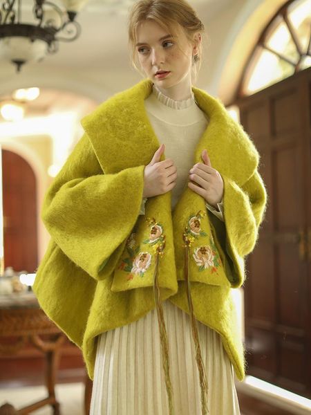 Frauen Wollmischungen Mantel Frauen Winter Koreanische Mode Handgemachte Stickerei Blumen Quaste Kurze Mohair Jacken Gelb Grün Mantel Mäntel