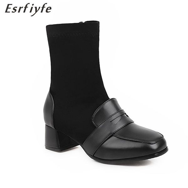 

boots esrfiyfe 2021 ankle women stretch fabric patchwork alligator pattern square toe autumn winter ladies shoes big size 13, Black