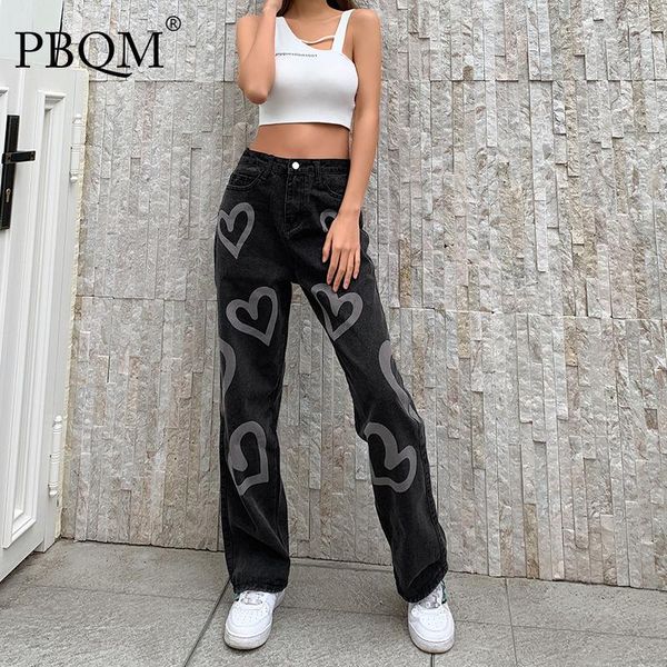 

women's jeans pbqm 2021 autumn street trendsetter fashion high waist love printed monochrome graffiti pants 6t1016, Blue