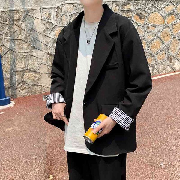 

casual fried street splicing coat men's fashion brand british style trend loose ruffian handsome dk uniform small suit, White;black