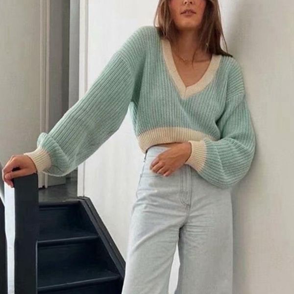 

women's sweaters woman fall long sleeve crop sweater knitted vintage loose cropped kawaii v neck, White;black