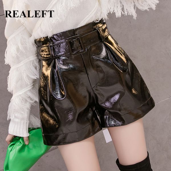 Black Bright Pu Curtas Shorts Sashes Outono Inverno Mulheres Pé largo Faux Cintura alta Feminina Coreano 210428