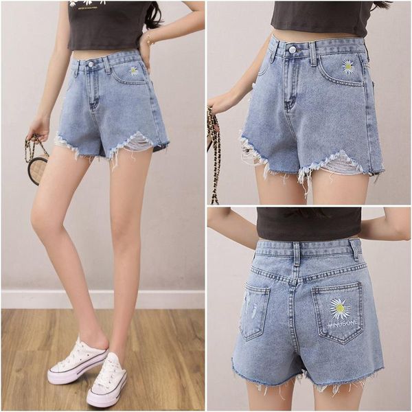 

high waist shorts women casual summer embroidered womens denim boardshorts korean fashion ripped students all match trousers women's, White;black