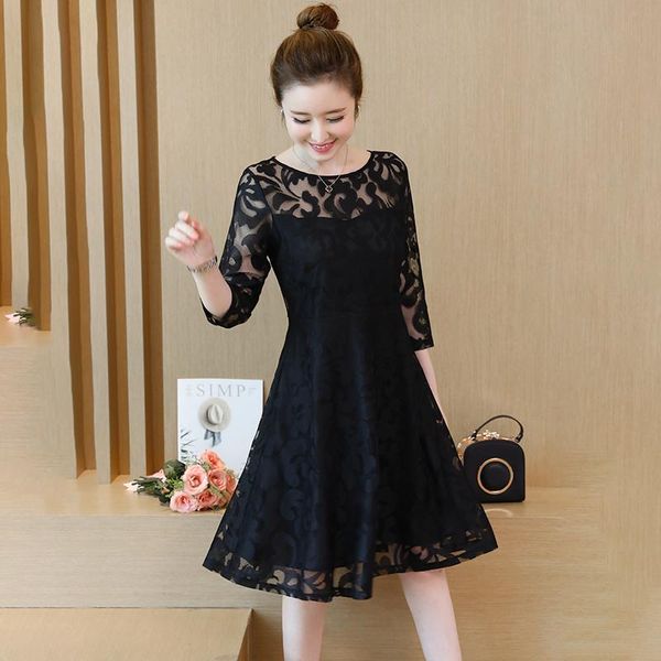 

casual dresses black lace dress fashion spring women o neck high waist a line plus size 5xl vestidos, Black;gray