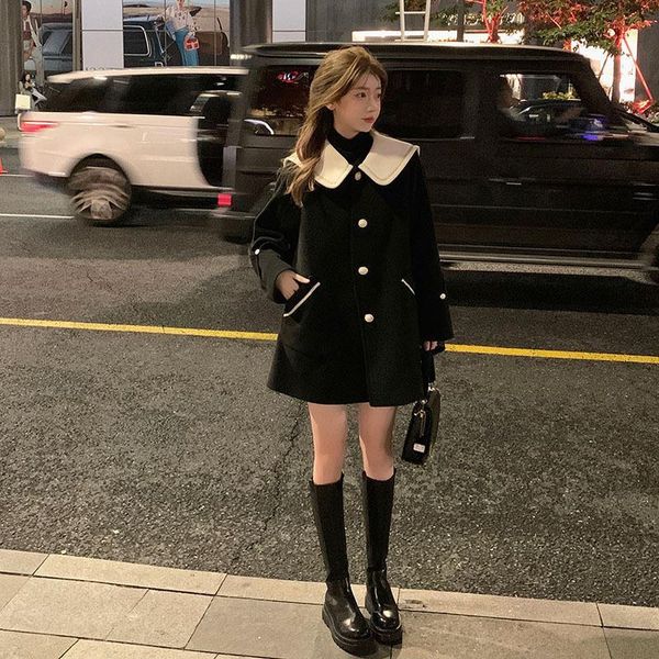 

women's wool & blends kawaii coat 2021 winter medium long thickened small man, Black