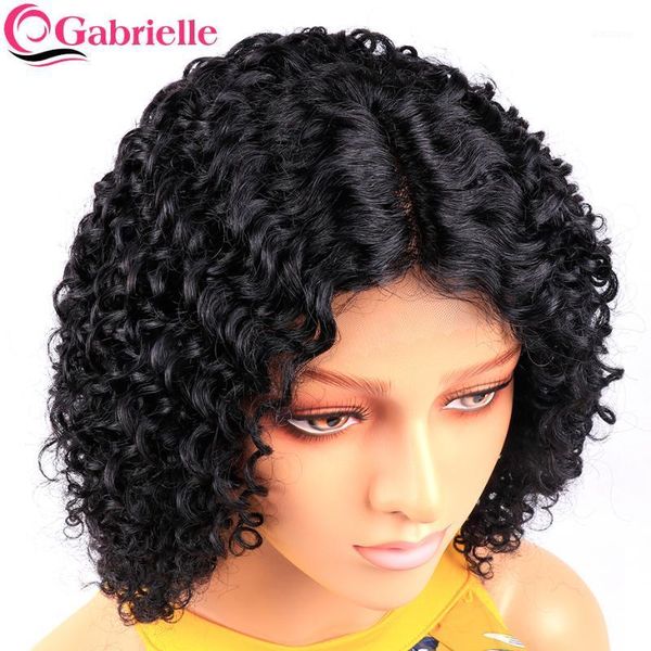 

gabrielle t part lace wig for women short curly human hair wigs 150% density brazilian kinky remy middle wig1, Black;brown