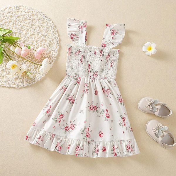 

girl's dresses 2021 children floral print stretchy dress,girls sleeveless ruffle hem high waist dress,elastic waistline/toddler kid/po, Red;yellow