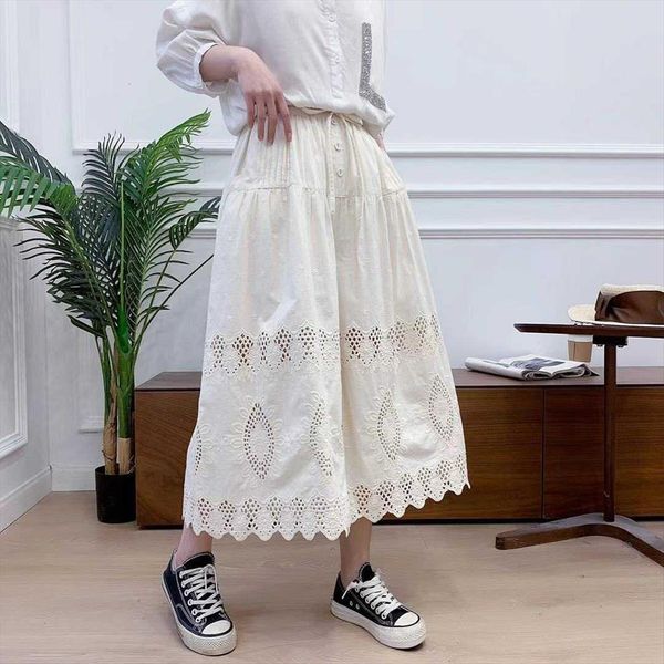 

geometric hollow out embroidery womens pant loose wide leg cotton trousers spring, Black;white