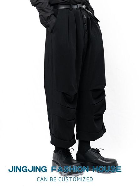

men's pants s-6xl2021 casual trousers wide leg culottes wrinkled irregular black
