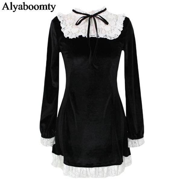 

autumn spring women black mini dress gothic punk style ruffled collar ribbon velvet christmas lace ruffles party casual dresses, Black;gray