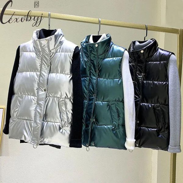 

women's vests vintage sleeveless winter coat women 2021 solid warm puffer vest plus size jacket autumn glossy down waistcoat outwear 4x, Black;white