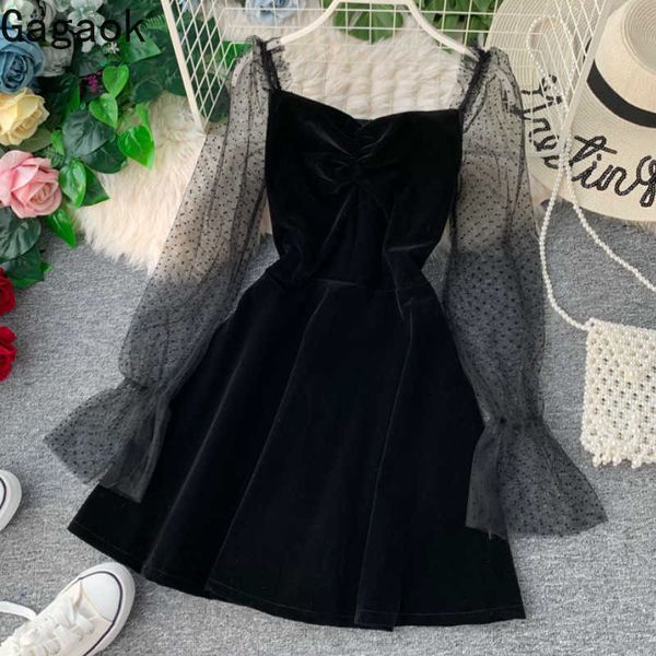 

women mini dress spring autumn solid square collar puff sleeve empire slim retro wild female fashion dresses 210531, Black;gray