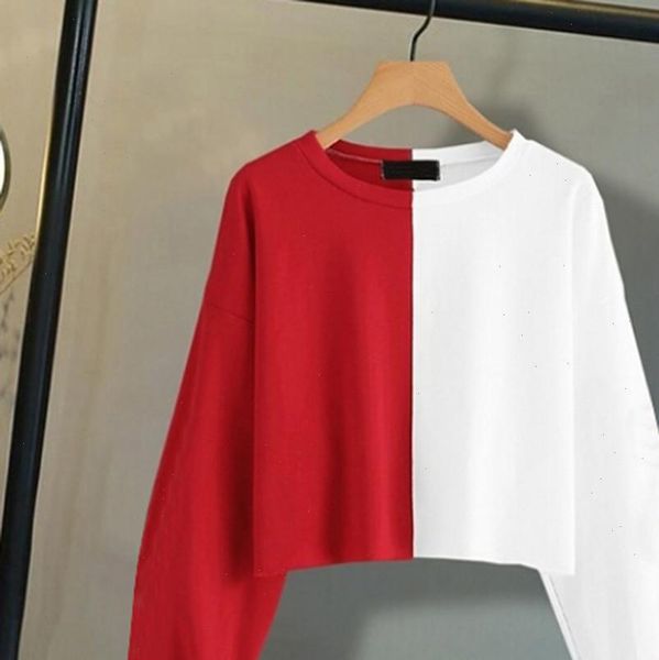 

long sleeve splice pullover womens sweatshirts hooded solid color stitching short sports haut femme manche, Black