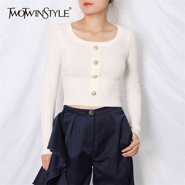 

patchwork button white knitted for women square collar long sleeve slim t shirts female autumn fashion 210524