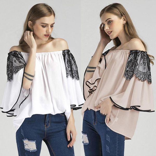 

women's blouses & shirts fashion womens lace blouse off the shoulder shirt ladies summer long sleeve loose casual, White