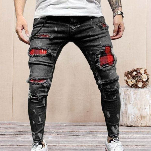 

casual hip hop men ripped jeans distressed patch slim pencil pants male stretch elastic waist patchwork jogging denim trousers, Blue