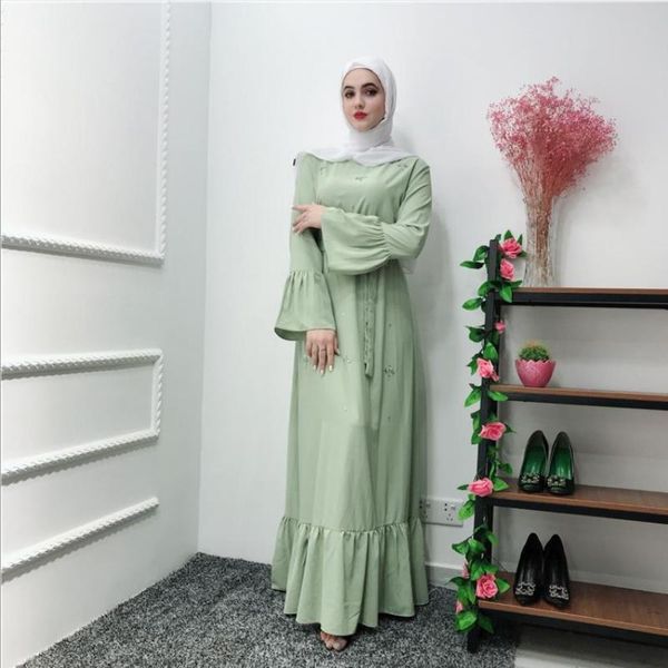 

ethnic clothing hand made diamond beading muslim peignoir robes syari dubai fashion female full length ruffles abaya dress with belt, Red