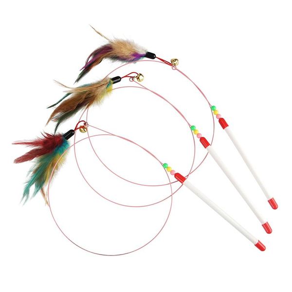 

3pcs steel wire feather cat teaser red green rod toy with bell pet toys