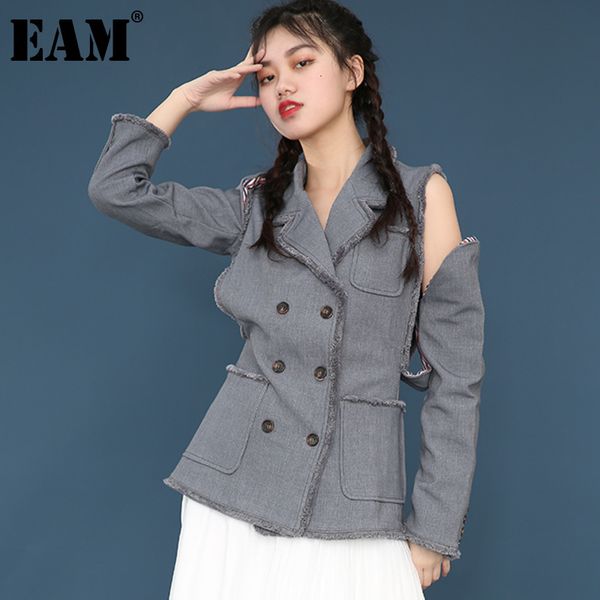 

[eam] spring autumn turn down collar long sleeve double breasted pockets personality jacket women coat fashion jx64302 21512, Black;brown
