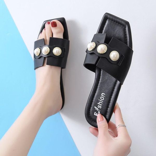 

style big pearl flat sandals women slides shoes black mules fashion ladies sandal women's slip on with pearls