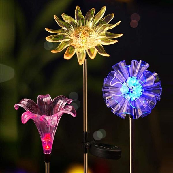 

lawn lamps 3pcs/lot led solar garden light outdoor dandelion lily sunflower lamp multi-color changing stake lights lampe solaire exterieur