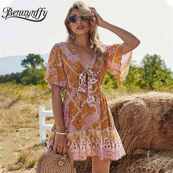 

deep v-neck butterfly sleeve bow tie printed dresses women vacation casual high waist short a-line summer dress 210510, Black;gray