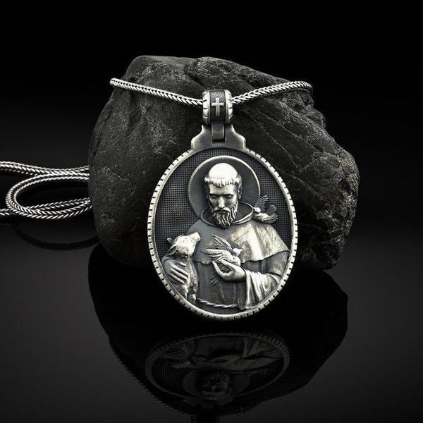 

christian st francis medal pendant religious catholic men's necklace, Silver