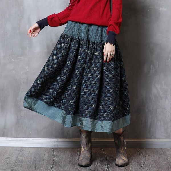 

skirts women 2021 keer autumn boho vintage cotton blend patchwork printed skirt pleated rubber band a-line saias x2226 feminina, Black