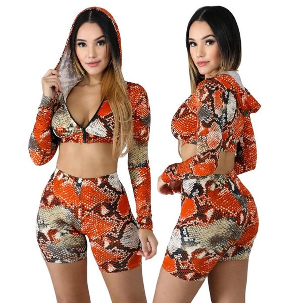 

two piece dress women 2 set casual sports suit 2021 summer autumn fashion snakeskin print hooded open waist shorts, White