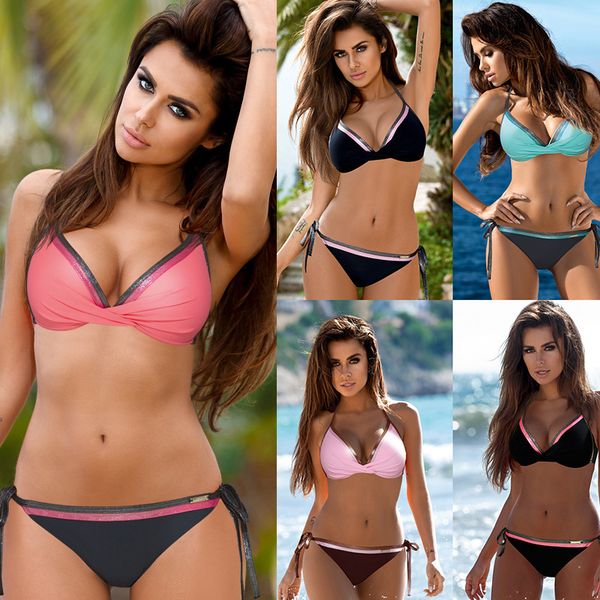 

2021 solid color women's with neck and two-piece bikini swimsuit, White;black