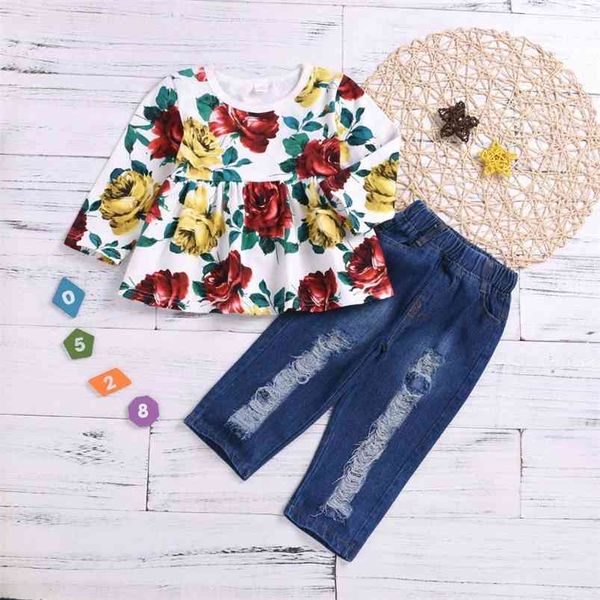 

winter children sets casual long sleeve print floral dresses denim pants with holes 2pcs girls clothes 12m-6t 210629, White