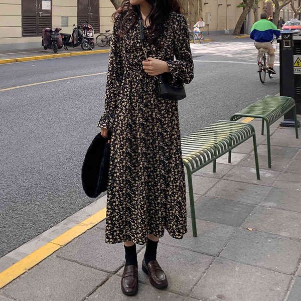 

women retro print long sleeve casual vintage dresses vestidos 210515, Black;gray
