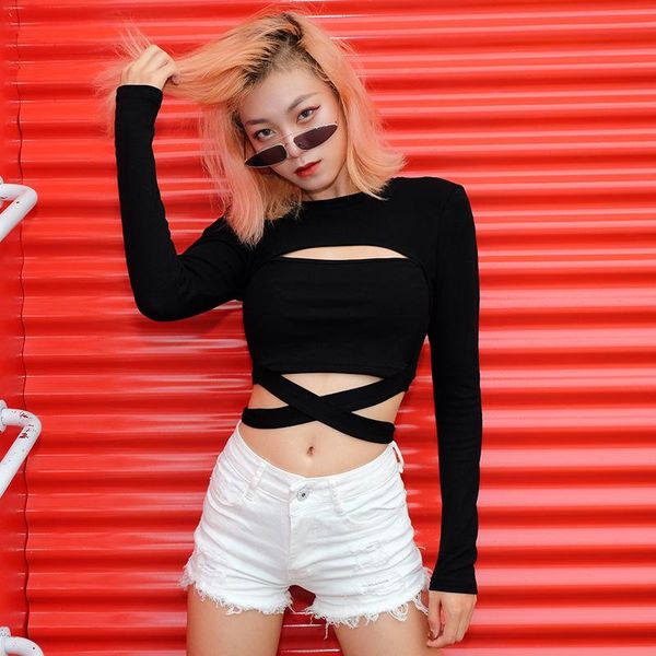 

women's t-shirt cut out hole bow tie t-shirts for women 2021 fashion streetwear cotton autumn tshirt slim black female, White