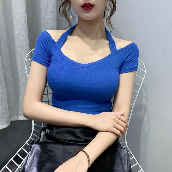 

women's blouses & shirts 2021 summer tight-fitting one-word neck strapless hanging clavicle v-neck short-sleeved female ins tide, White