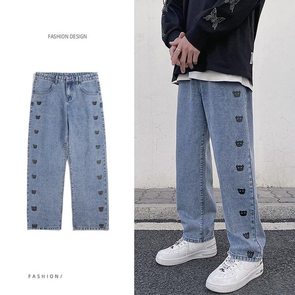 

men's jeans printing fashion straight casual wide leg pants cowboy mans streetwear korean hip hop trousers summer, Blue