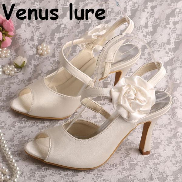 

flower high heel slingback peep toe sandals for women ivory satin dress shoes, Black