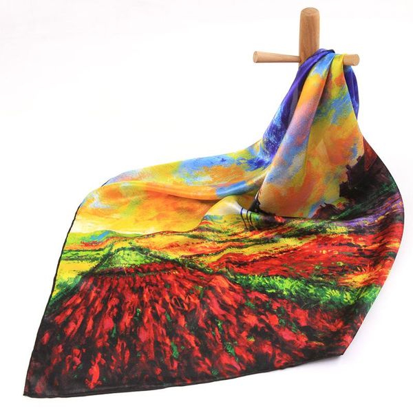 

scarves oil painting pure silk scarf women bandana hair windmill handkerchief square neck head, Blue;gray